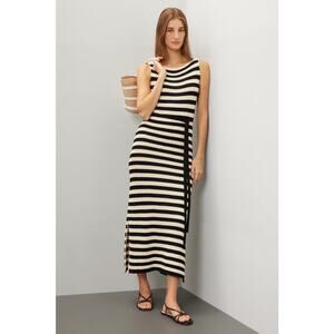 JASON WU Black White Striped Knit Boat Neck Vacay Maxi Dress Size Medium
